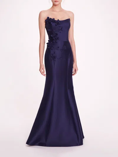 Marchesa Floral Mikado Gown In Navy