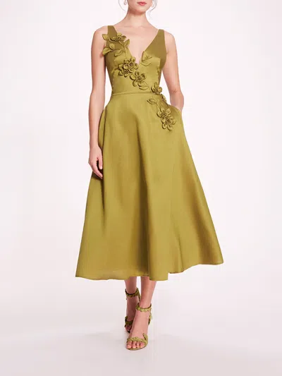 Marchesa Floral Mikado Midi Dress In Olive