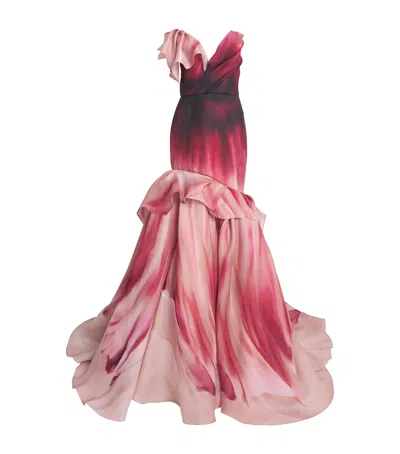 MARCHESA FLORAL PRINT FISHTAIL GOWN