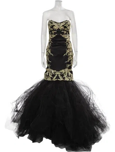 Pre-owned Marchesa Floral Print Long Dress In Black