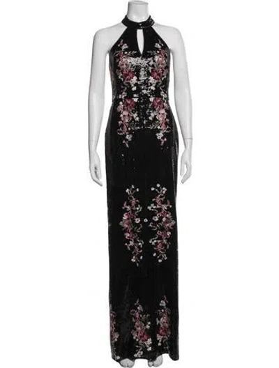 Pre-owned Marchesa Floral Print Long Dress In Black