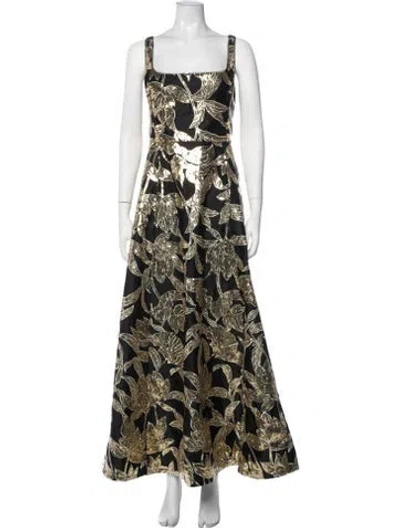 Pre-owned Marchesa Floral Print Long Dress In Black/gold/metallic