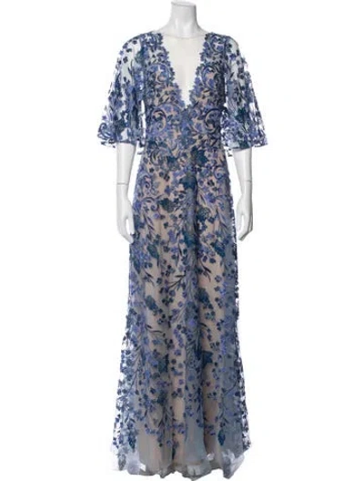 Pre-owned Marchesa Floral Print Long Dress In Blue