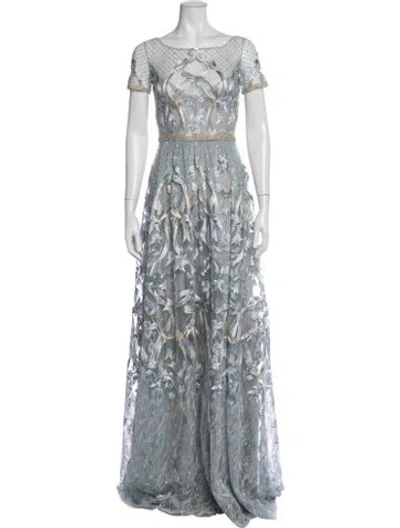 Pre-owned Marchesa Floral Print Long Dress In Blue