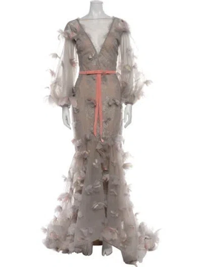 Pre-owned Marchesa Floral Print Long Dress In Gray