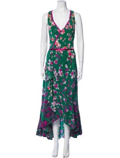 Pre-owned Marchesa Floral Print Long Dress In Green