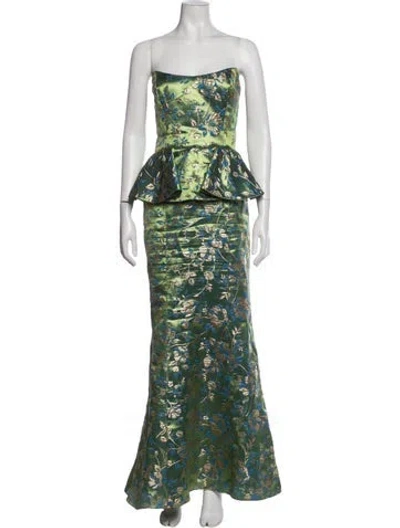 Pre-owned Marchesa Floral Print Long Dress In Green