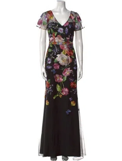 Pre-owned Marchesa Floral Print Long Dress W/ Tags In Black