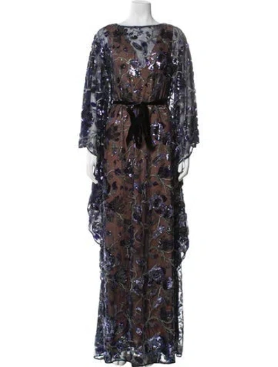 Pre-owned Marchesa Floral Print Long Dress W/ Tags In Blue