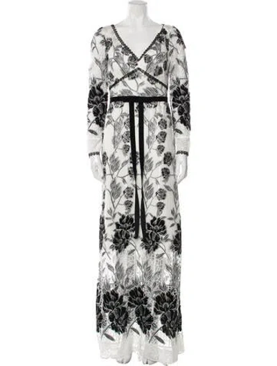 Pre-owned Marchesa Floral Print Long Dress W/ Tags In White