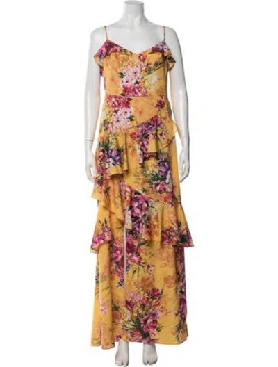 Pre-owned Marchesa Floral Print Long Dress In Yellow