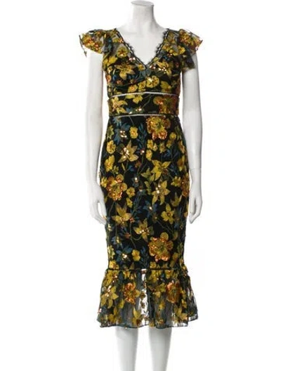 Pre-owned Marchesa Floral Print Midi Length Dress In Blue