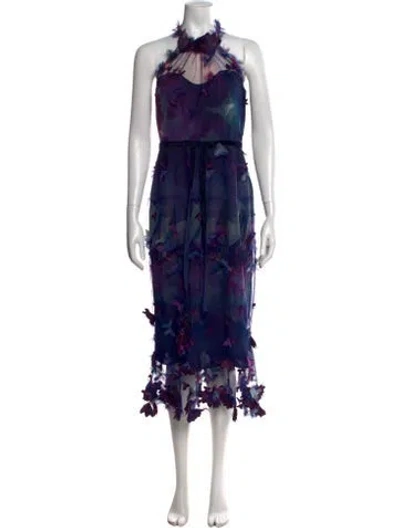 Pre-owned Marchesa Floral Print Midi Length Dress In Blue