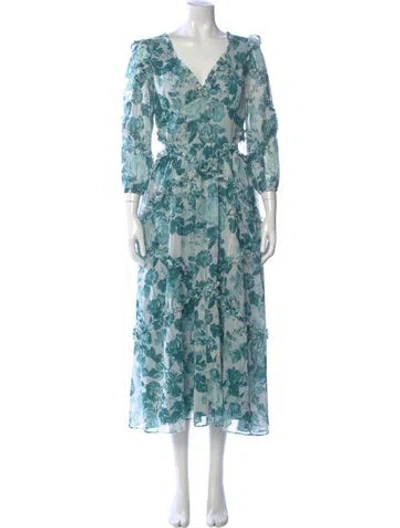 Pre-owned Marchesa Floral Print Midi Length Dress In Green