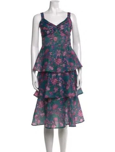 Pre-owned Marchesa Floral Print Midi Length Dress In Green