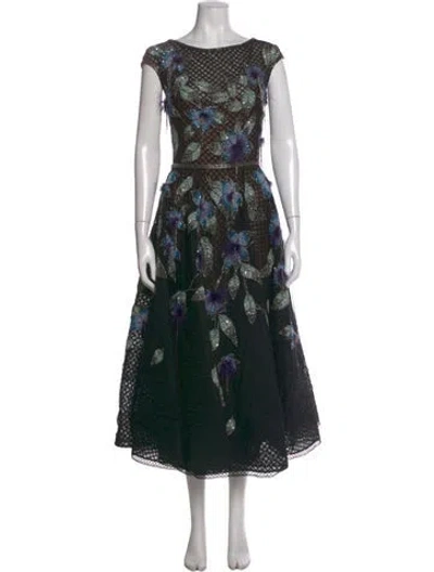 Pre-owned Marchesa Floral Print Midi Length Dress W/ Tags In Black
