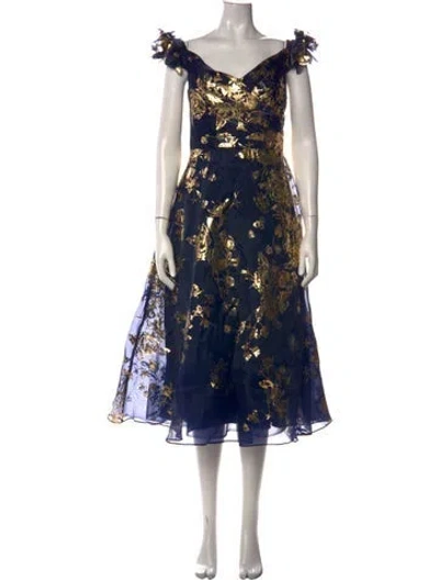 Pre-owned Marchesa Floral Print Midi Length Dress W/ Tags In Blue