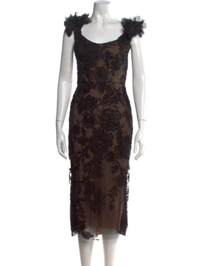 Pre-owned Marchesa Floral Print Midi Length Dress W/ Tags In Brown