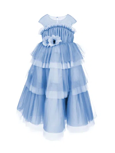 Marchesa Kids' Flower-embellished Tulle Gown In Light Blue