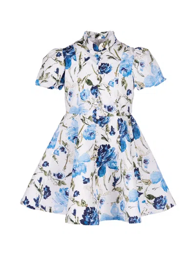 Marchesa Kids' Flower-print Cotton Dress In Blue