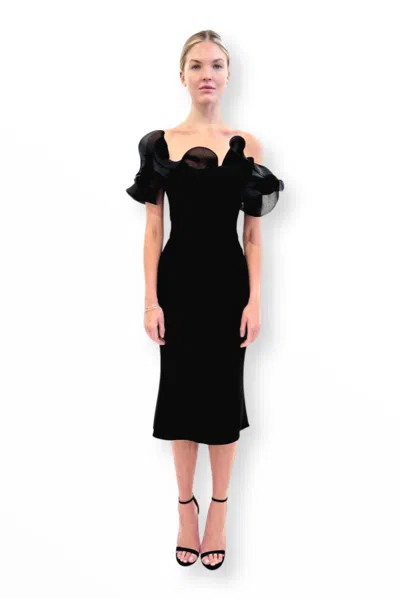 Marchesa Ruffled Off-the-shoulder Cady Midi Dress In Black