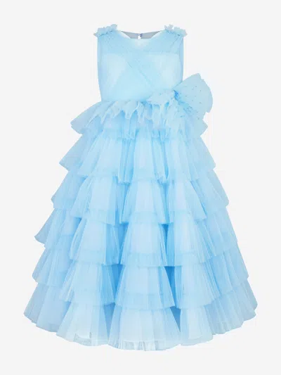 Marchesa Kids' Girls Bow Embellished Pleated Tulle Gown In Blue