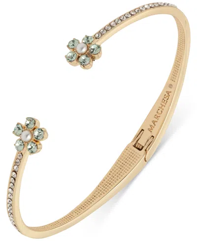 Marchesa Gold-tone Blue Floral Stone Hinged Cuff Bracelet