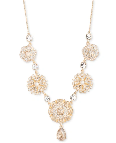 Marchesa Gold-tone Crystal & Imitation Pearl Flower Statement Necklace, 16" + 3" Extender