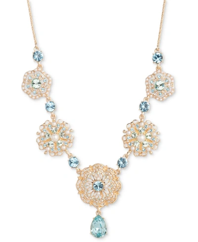 Marchesa Gold-tone Crystal & Imitation Pearl Flower Statement Necklace, 16" + 3" Extender In Blue
