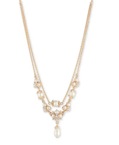 Marchesa Gold-tone Crystal & Imitation Pearl Layered Pendant Necklace, 16" + 3" Extender