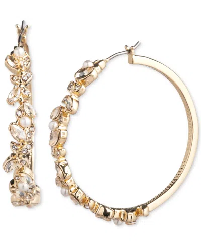 Marchesa Gold-tone Crystal & Imitation Pearl Vine Leaf Medium Hoop Earrings, 1.4" In Golden