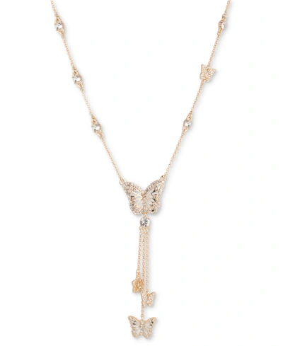 Marchesa Gold-tone Crystal Butterfly Lariat Necklace, 16" + 3" Extender In Crystal Wh