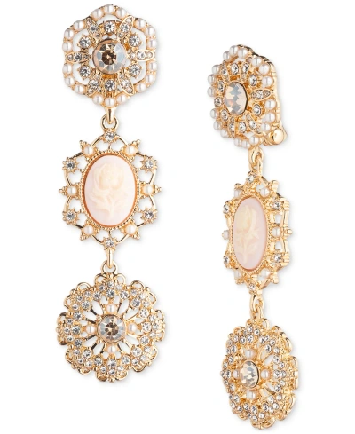 Marchesa Gold-tone Pave & Imitation Pearl Flower Cameo Triple Drop Earrings