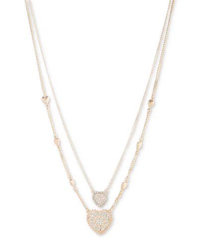 Marchesa Gold-tone Pave Filigree Heart Layered Pendant Necklace, 16" + 3" Extender In White