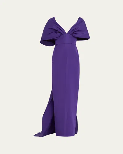 Marchesa Kimono-sleeve Faille Column Gown With Train In Violet