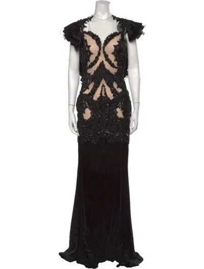 Pre-owned Marchesa Lace Pattern Long Dress In Black