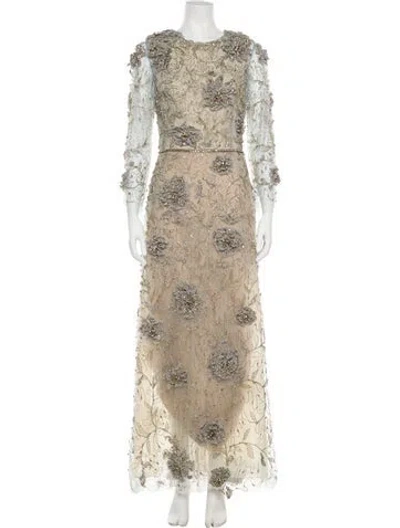 Pre-owned Marchesa Lace Pattern Long Dress In Green