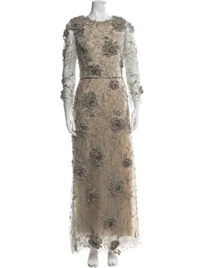 Pre-owned Marchesa Lace Pattern Long Dress In Grey
