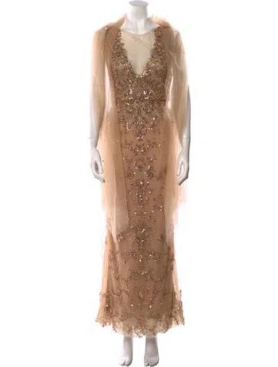 Pre-owned Marchesa Lace Pattern Long Dress In Neutral