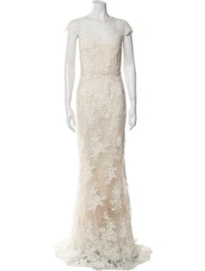 Pre-owned Marchesa Lace Pattern Long Dress In Neutral
