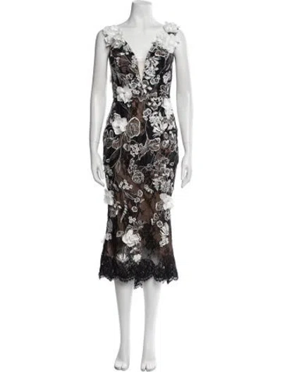 Pre-owned Marchesa Lace Pattern Midi Length Dress In Black