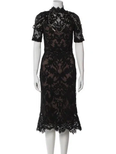 Pre-owned Marchesa Lace Pattern Midi Length Dress In Black