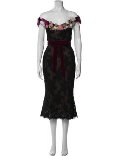 Pre-owned Marchesa Lace Pattern Midi Length Dress In Black