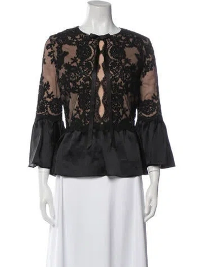 Pre-owned Marchesa Lace Pattern Tie Neck Blouse In Black