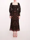 Marchesa Long Sleeve Corded Midi Dress In Black