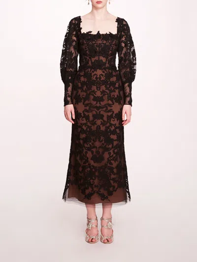 Marchesa Long Sleeve Corded Midi Dress In Black