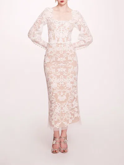 Marchesa Long Sleeve Corded Midi Dress In Ivory