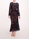 Marchesa Long Sleeve Velvet Midi Dress In Midnight