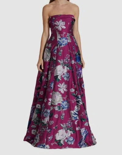 Pre-owned Marchesa Notte $1095  Women's Purple Strapless Floral Jacquard Gown Dress Size 6
