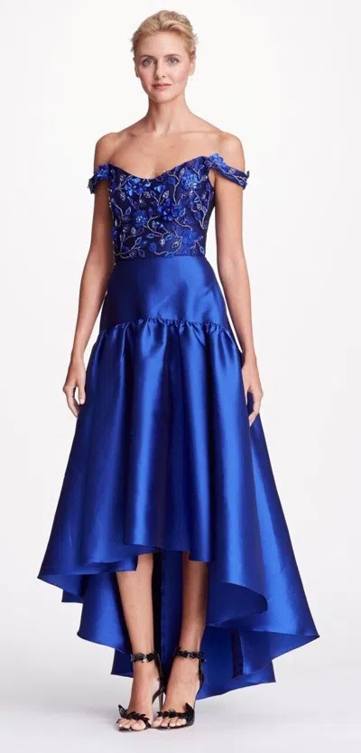 Pre-owned Marchesa Notte $1195  Off Shoulder High Low Gown Dress Blue Beaded 3d 0 2 6 8